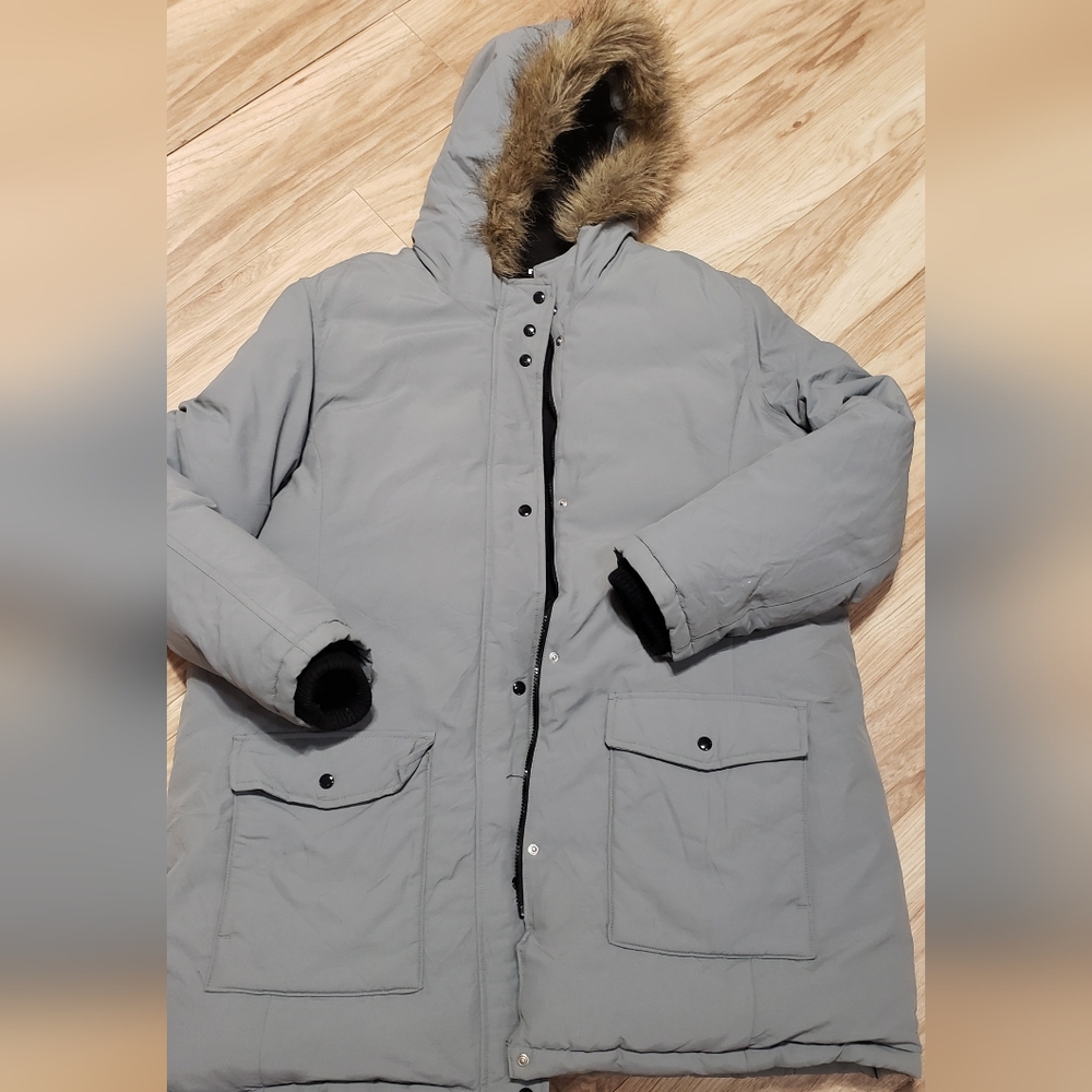 Women Down Coat XXL Faux Fur Hooded Grey Long Jacket Old Navy Insulated